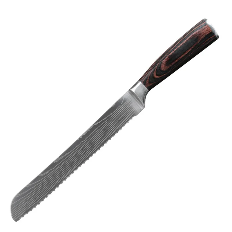 7CR17 кухонный хлебный нож зубчатый дизайн лазерная Дамасская нержавеющая сталь
