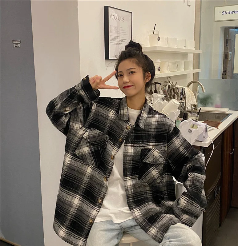 

Real Shot Brushed Plaid Shirt Autumn and Winter Long Sleeves Retro.Kio