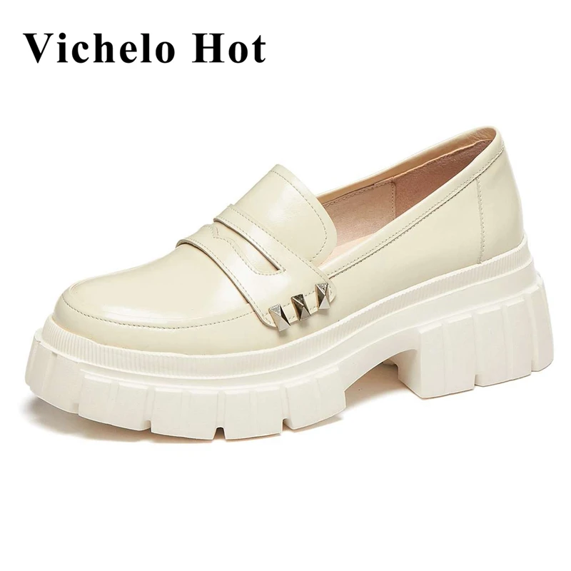 

Vichelo Hot full grain leather round toe high heel young lady high street fashion handsome concise style slip on women pumps L35