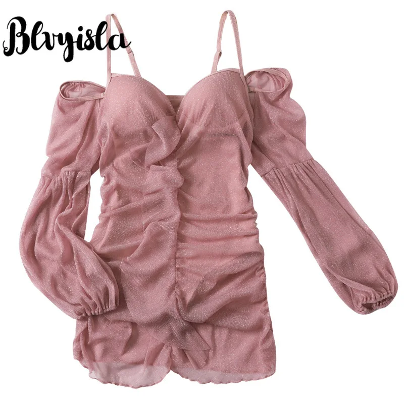 Женский купальник с длинными рукавами Blvyisla однотонный розовый сетчатый оборками