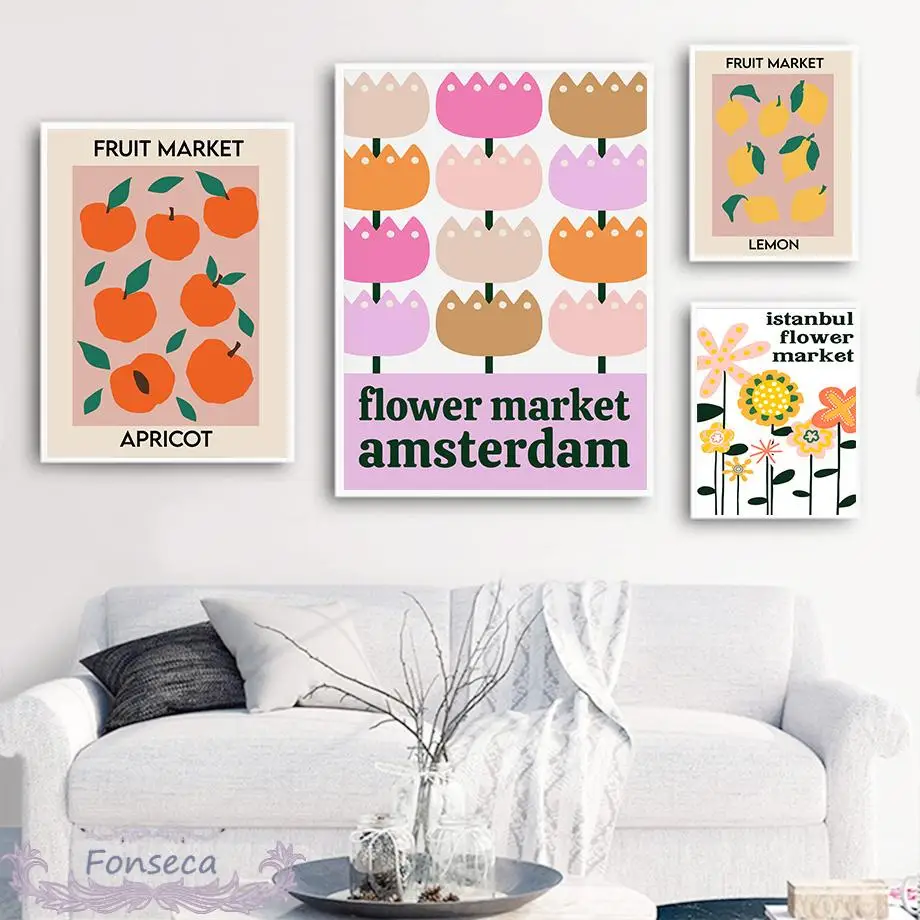 Скандинавские разноцветные постеры с изображением фруктов и цветов на рынке