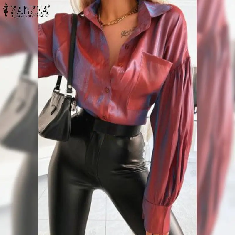 

ZANZEA Fashion Solid Blouse 2021 Autumn Satin Bright Tops Women Party Gradient Color Chemise Female Casual OL Puff Sleeve Shirts
