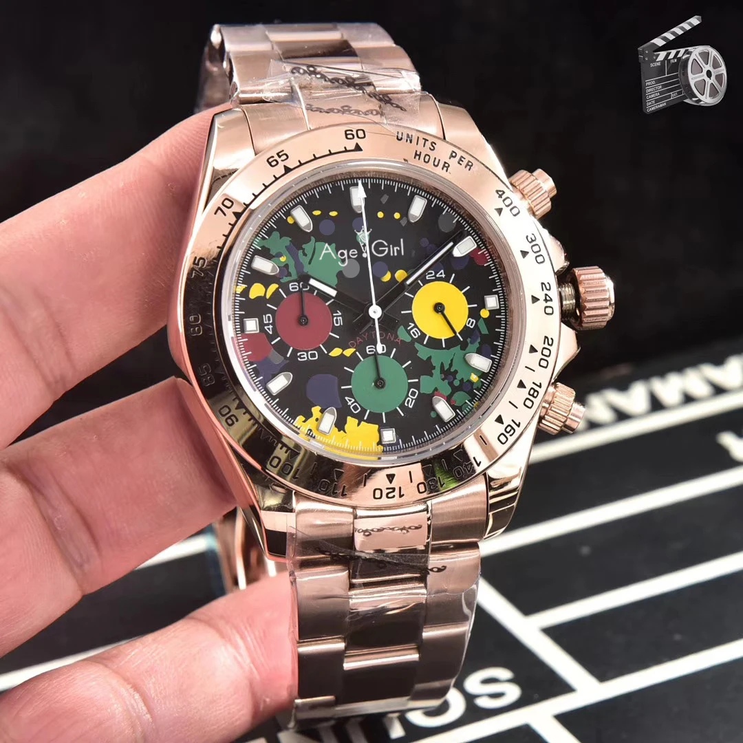 

Classic New Japanese Silver Rose Gold Black Stainless Steel Men Watches Chronograph Sapphire Ceramic Bezel Baguette AAA+