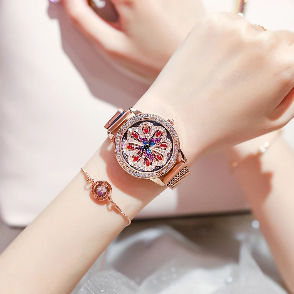 

NAKZEN Woman Watches Rose Gold Luxury Watch Women Quartz Women's Wristwatch Diamond Peacock Turntable Magnetic Strap Clock