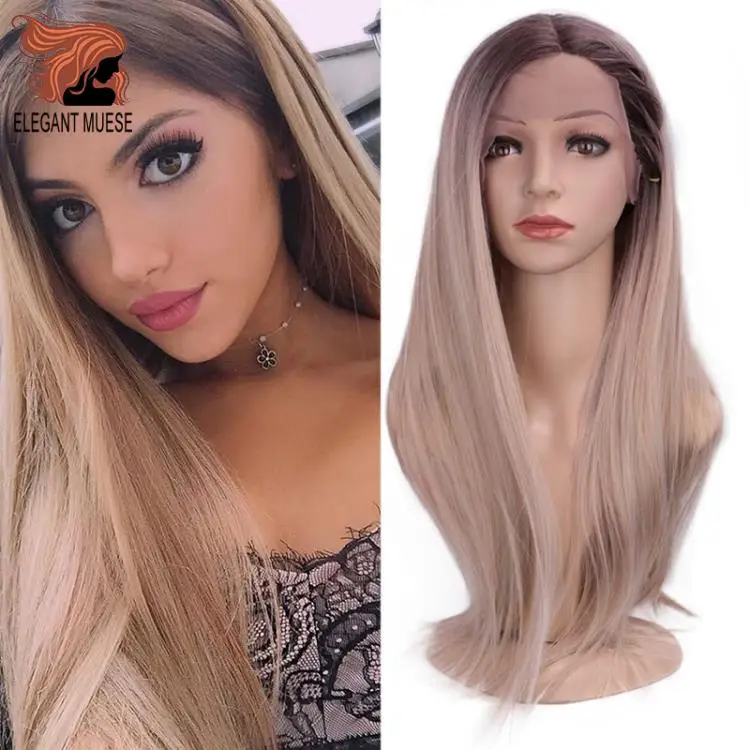 Elegant MUSES омбре с темными корнями платины прямые синтетические Синтетические волосы на кружеве парик Термостойкое волокно природные для Для женщин парики
