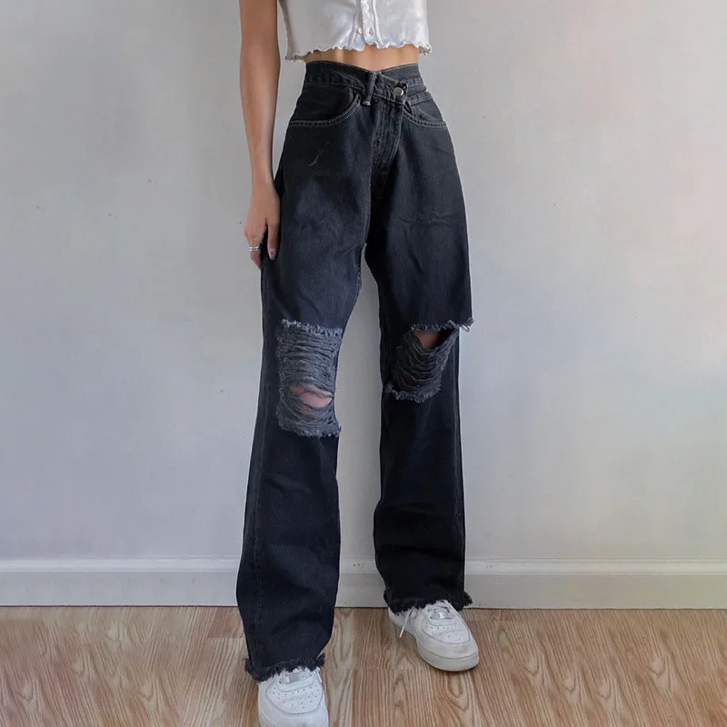 

Ripped Denim Jeans for Women Asymmetric High Waist Raw Hem Fashion Hollow Wide Leg Pants Baggy Loose Harem Trousers Black 2021