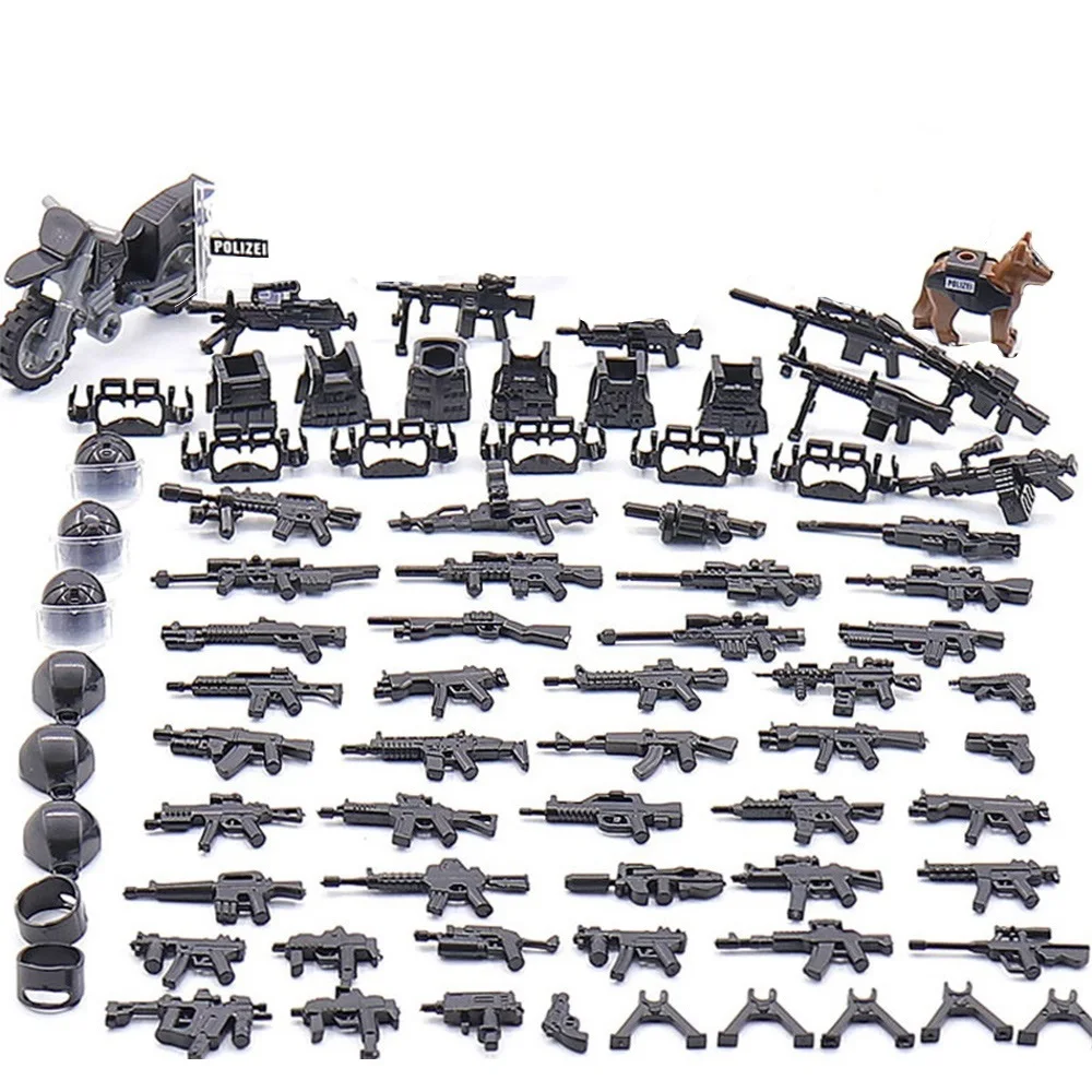 MOC Military SWAT Weapon Set Police Dog Mask Moto Shield Hat Mini Building Blocks Accessories Model Bricks Toy With 6PCS Figures