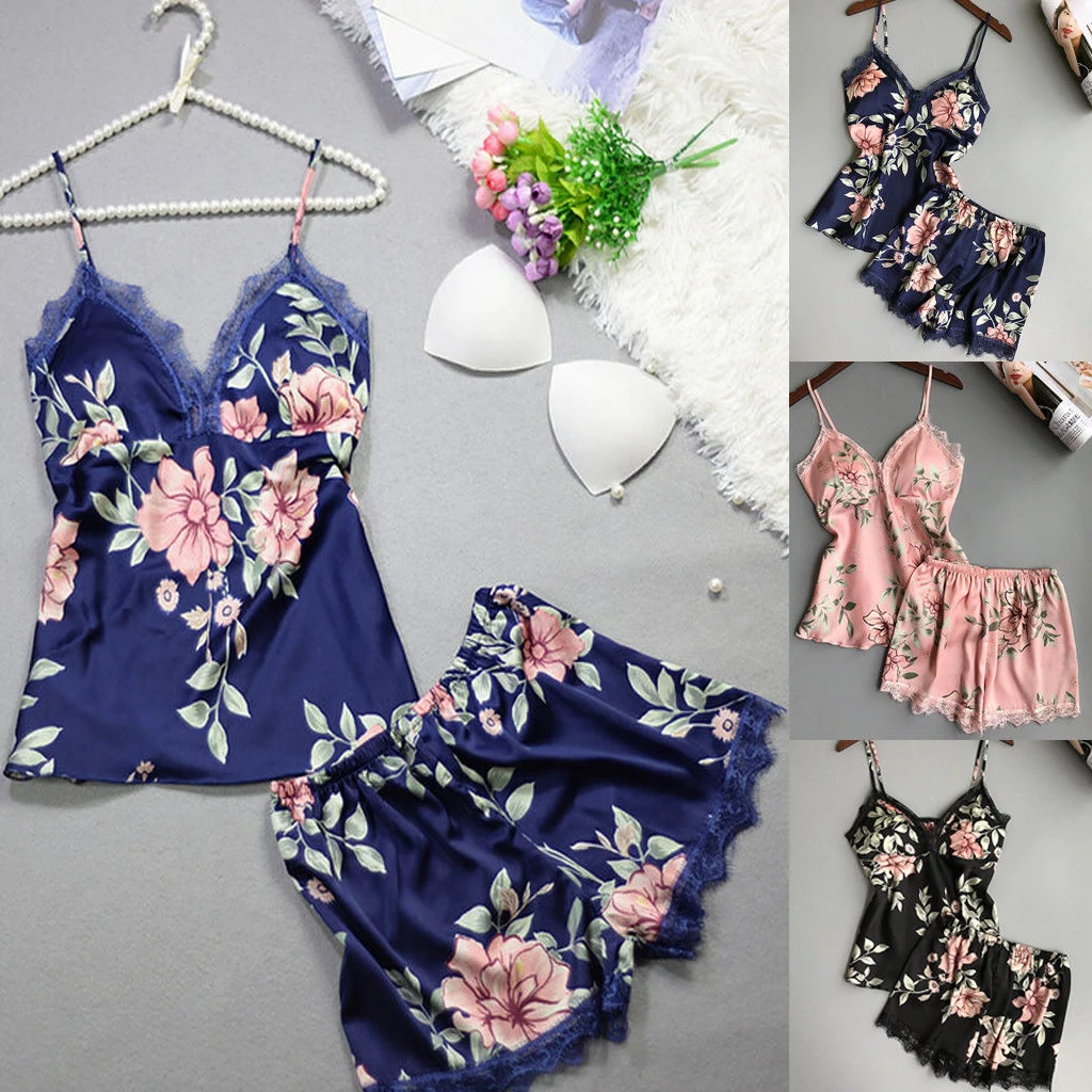 

2PCS Women Silk Satin Lace Robe Shorts Sleepwear Babydoll Nightdress Pajamas Set