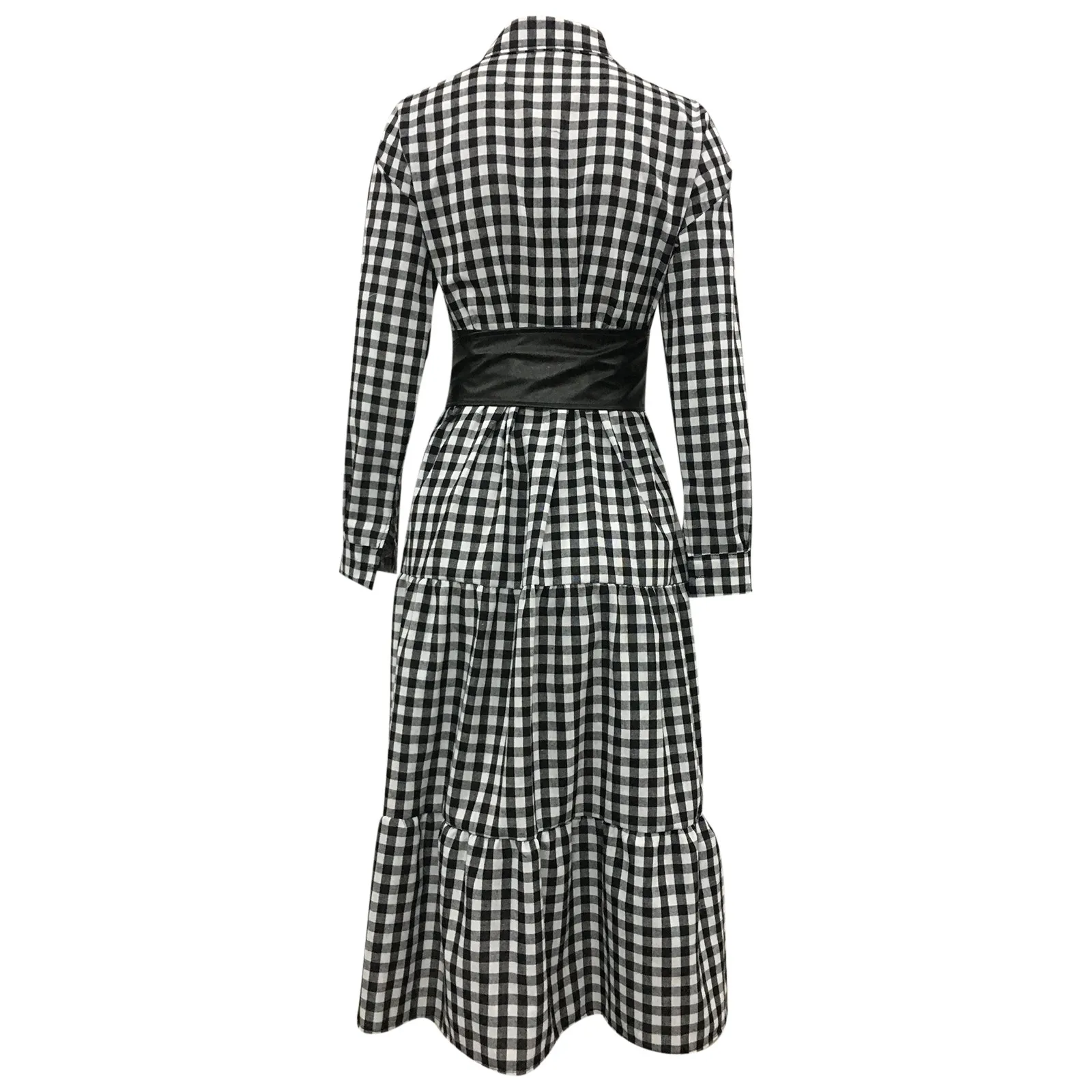 

Women Long Sleeve Plaid Turn-down Collar Button Mid-Claf Dress+Belt dames jurken French high waist slim straps F4