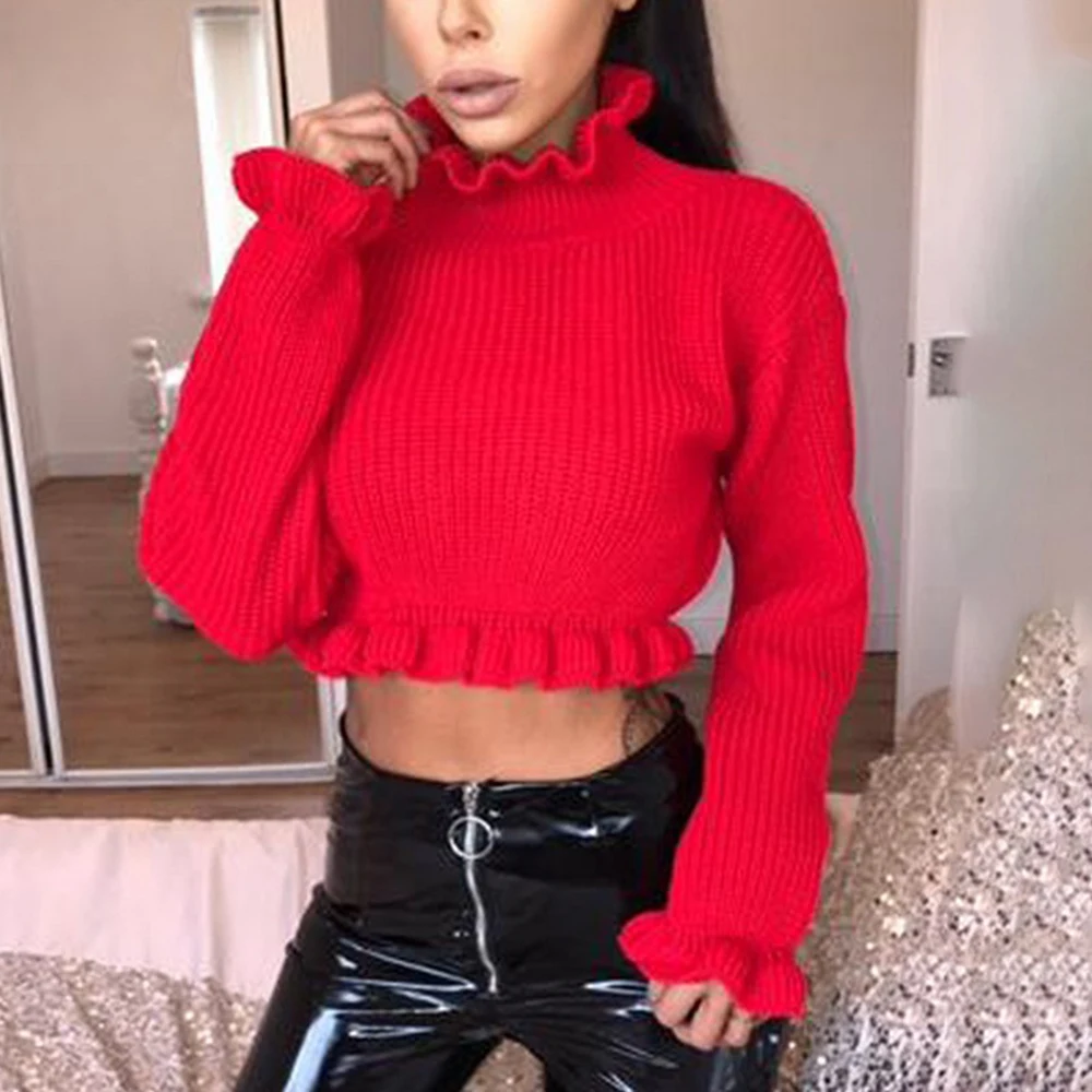 Оборки женские свитера с высоким воротником осень зима 2020 Вязанная одежда