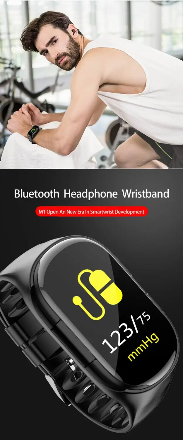 

Sport Watch 0.96" M1 Smart Watch With Bluetooth Earphone Heart Rate Monitor Smart Wristband Long Time Standby Wireless Earbud