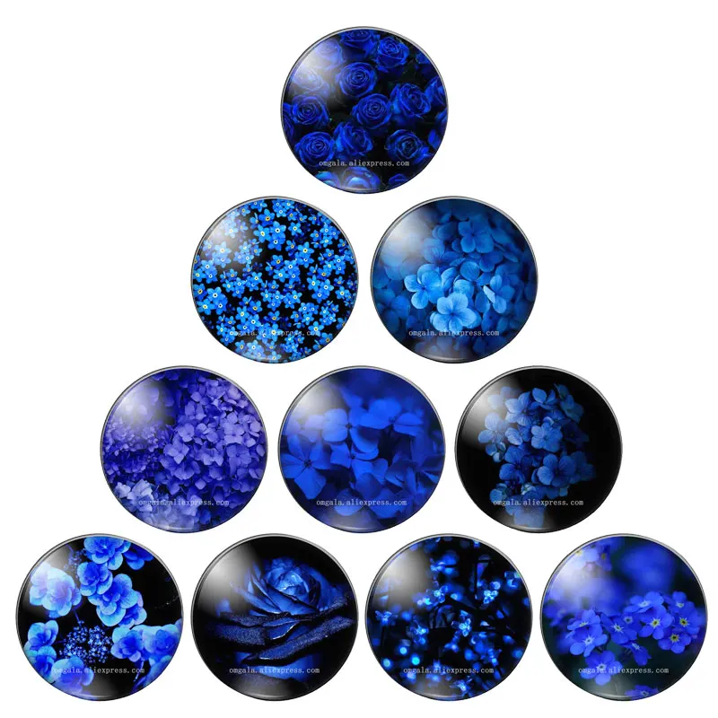 Круглые стеклянные кабошоны для фото голубые узоры с цветами мечты 10 мм/12 мм/16