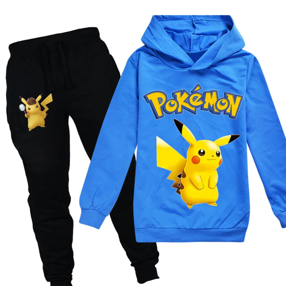 POKEMON GO Detective Pikachu/детская одежда для мальчиков и девочек осенний Свитшот комплект из 2 предметов, хлопковые спортивные толстовки с длинными рукавами и рисунком, Комплект футболок - Цвет: 991blue