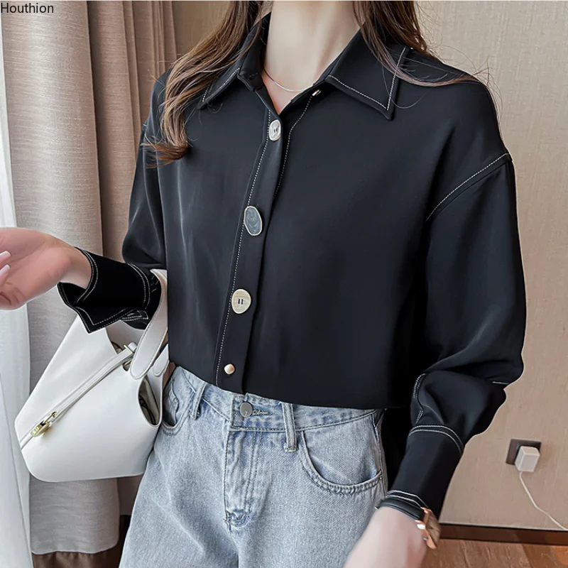 

Женская блузка, рубашка с длинным рукавом, корейские топы с воротником-поло, шифоновый топ, Повседневная мода, новинка 2021, однотонный корпус