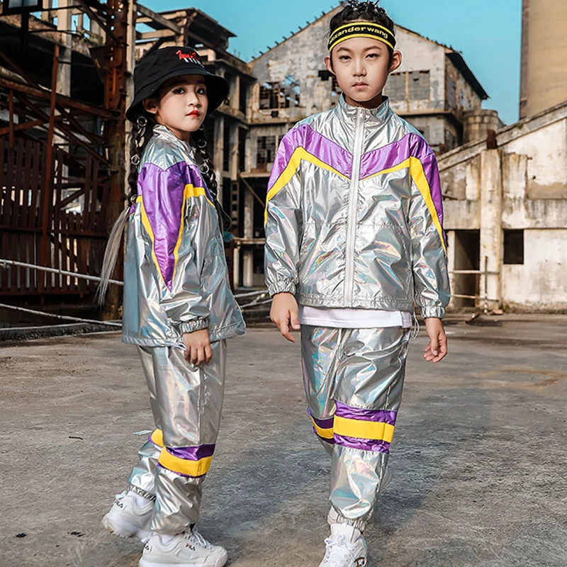 Детские костюмы в стиле хип хоп серебристая куртка штаны для мальчиков и девочек
