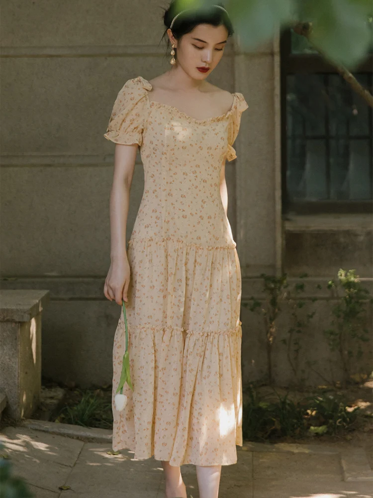 

2021 new fashion women's clothing Square Collar Vintage dress woman dress