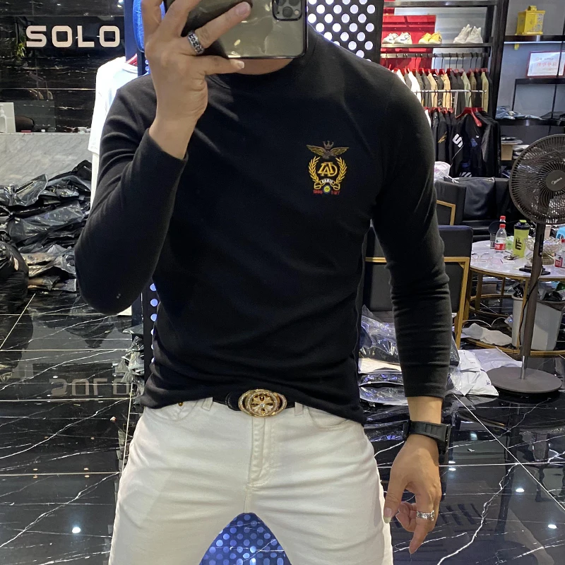 

Autumn Winter Warm T Shirt Men Long Sleeve Slim Fit Casual Tees Solid Colors Bottoming Round Neck Streetwear Tops Men Clothing