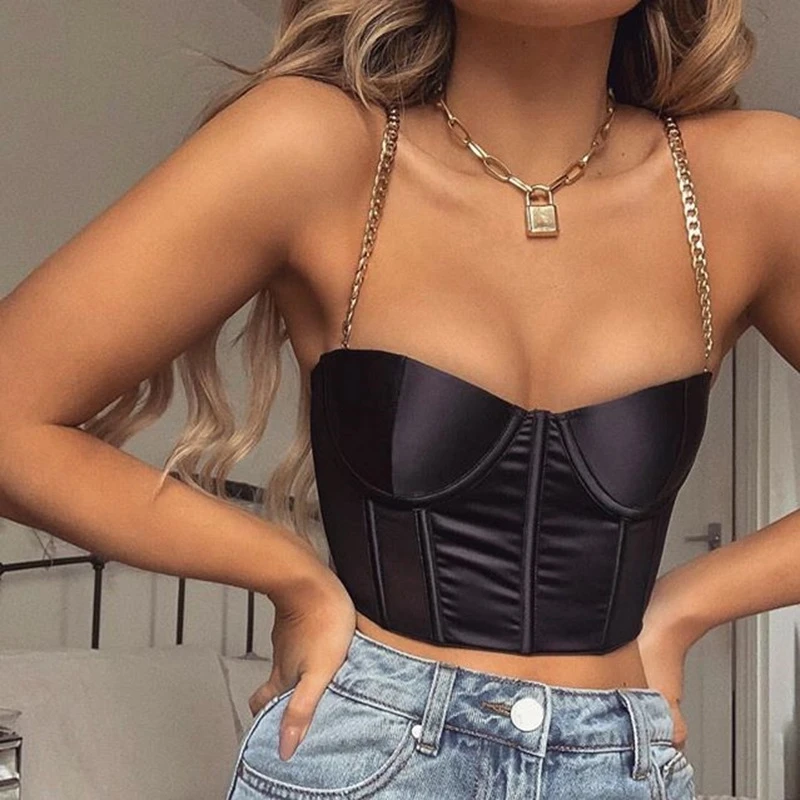 

90s Women Corset Top Chain Strap Padded Bustier Cropped Summer Sexy Backless Cami Tops Y2K Streetwear Clothes Black/White/Red