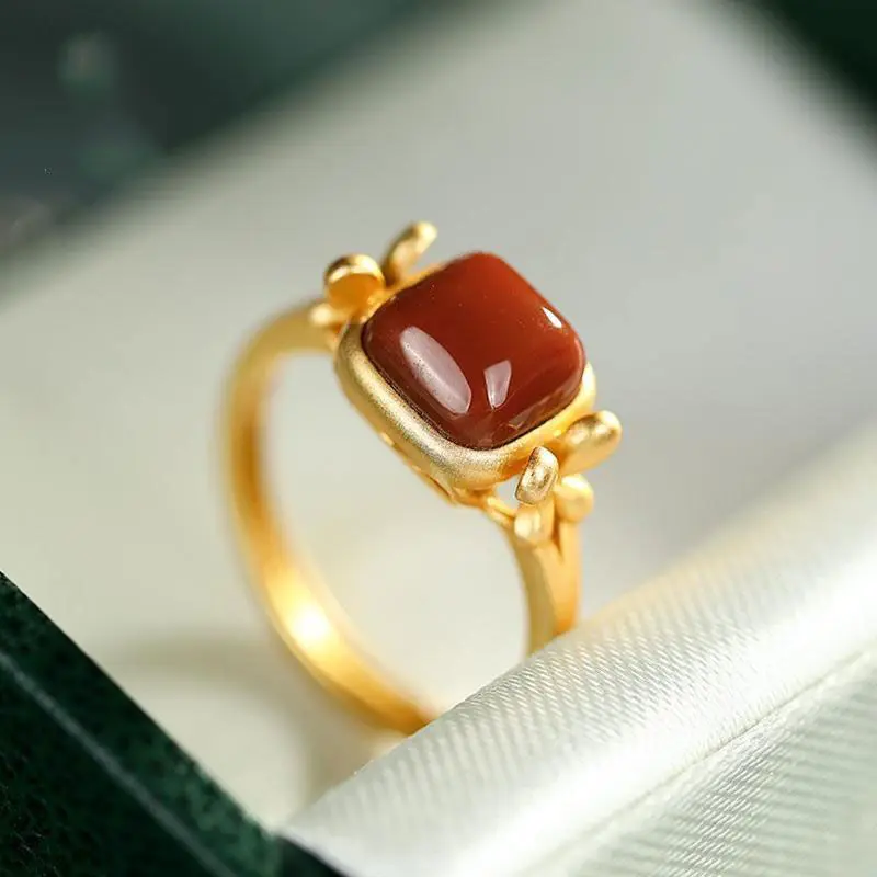 

Natural South Red Agate S925 Sterling Silver Ring Flower Style Court Minimalism Beautiful Square Female Open Index Finger Ring