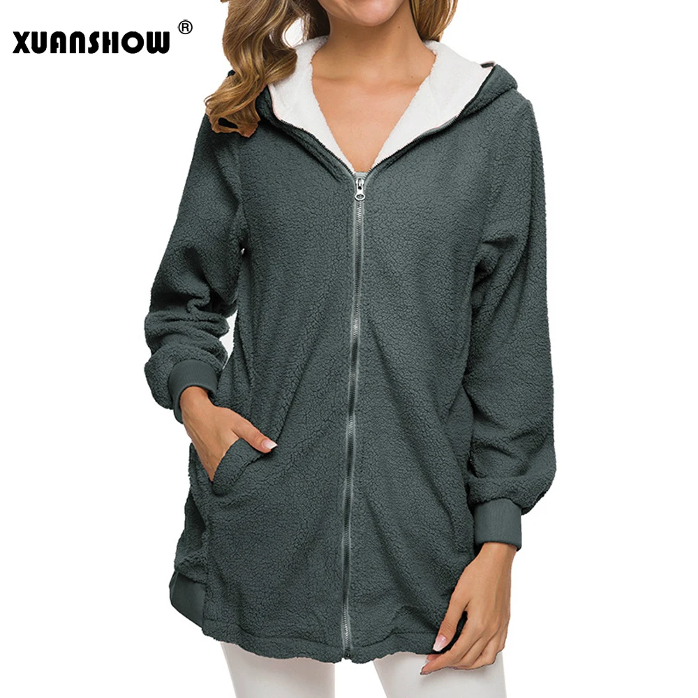 Dark Gray XUANSHOW негабаритный зима Долго Искусственный мех Женские пальто Стройное Длинный рукав Держать в тепле плюш Флокирование Женские куртки С капюшоном 5XL - Цвет: Dark Gray