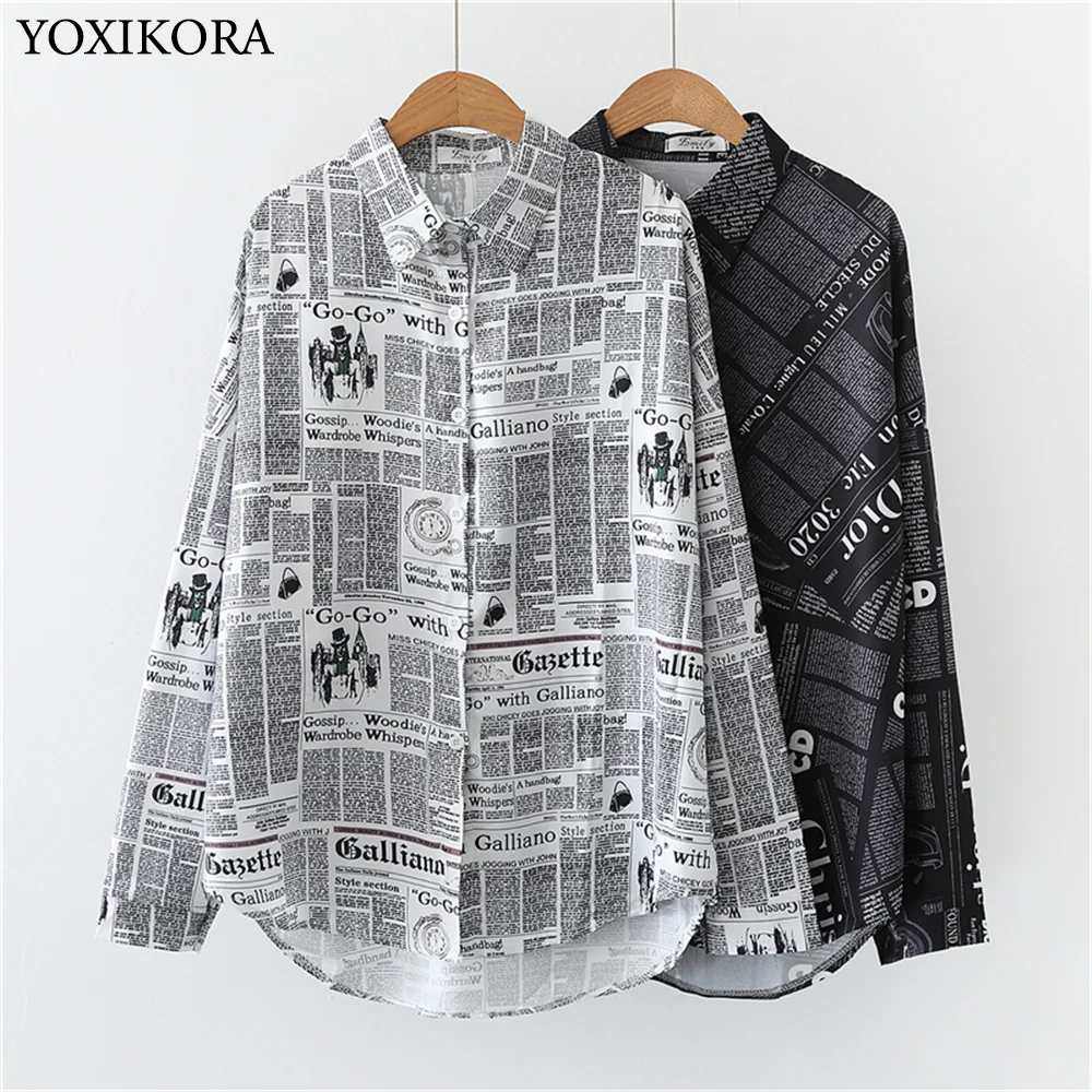 

New Spring And Autumn Newspaper Printed Hip Hop Shirt Trendy Retro Hong Kong Style Design Niche Top Shirt Women