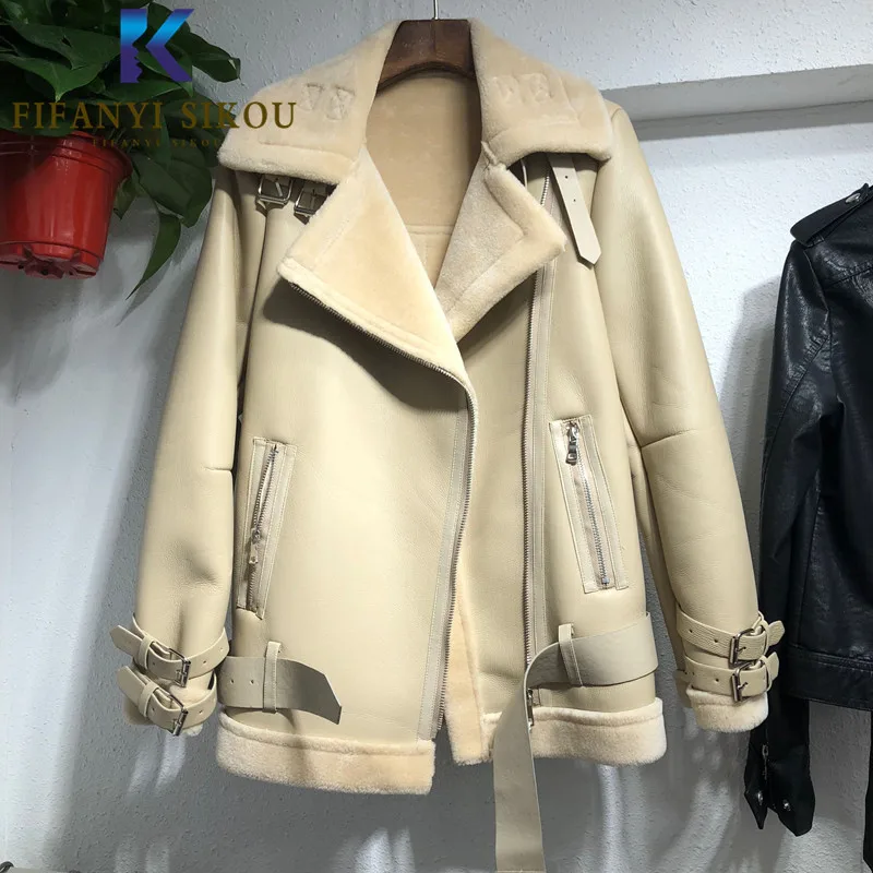 2020 Winter Women Faux Leather Jacket High Quality Thick Warm Lambs Wool Coats Soft PU Jacket Female Fashion Motorcycle Coat