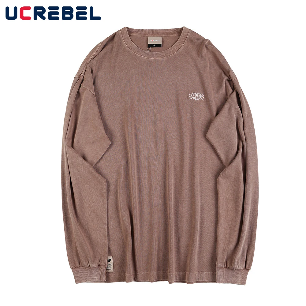 

Heart Embroidery Long Sleeve T-shirt Mens Autumn Distressed Cotton Tee Streetwear Casual Loose Crew Neck Tshirt Men