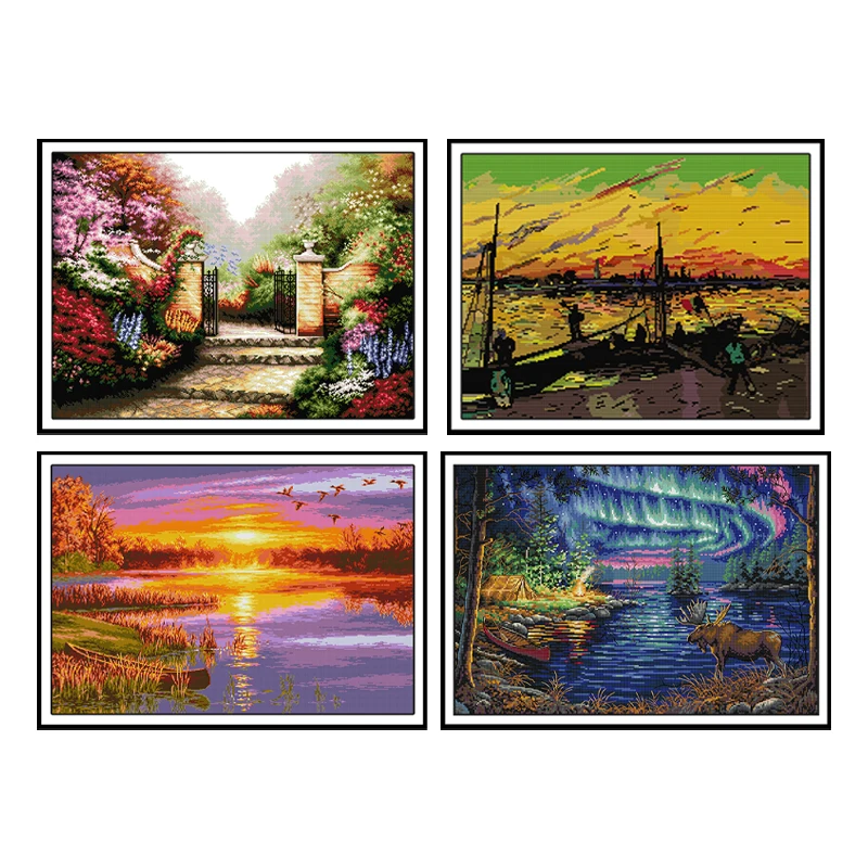 

Northern Lights Patterns Stamped Cross Stitch Kit 14ct DIY Handmade Needlework Sets Autumn Sunset Printed Canvas Embroidery Kit