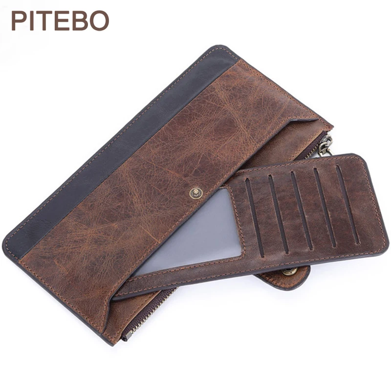 

PITEBO Leather Long Wallet Man's Zip Wallet Cowhide Handbag Fashion Creative Business Card bag leisure business card box handy