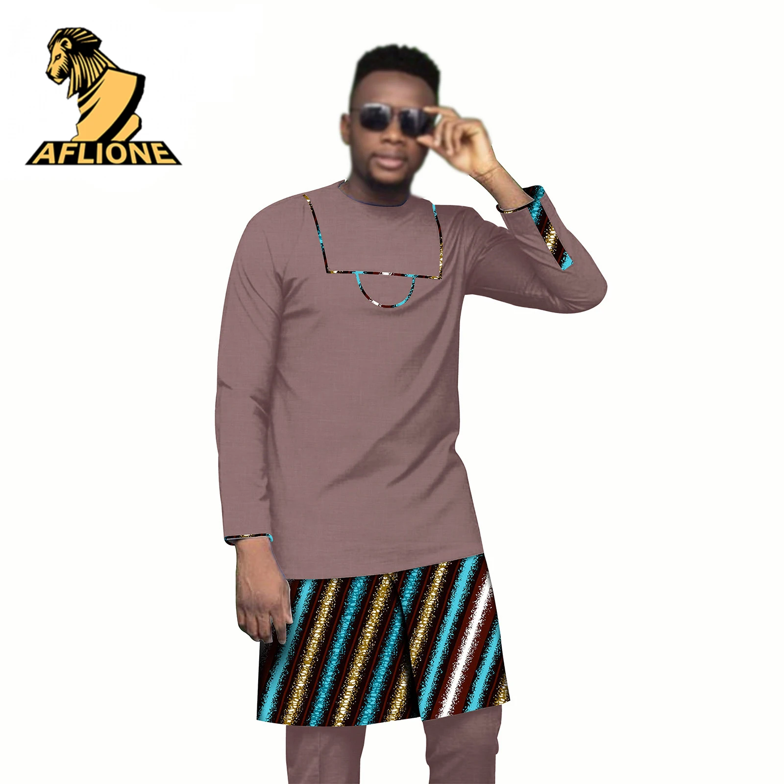 2021 New Spring African Clothes For Men Dashiki Long Sleeve Bicolor Wax Crew Neck Colorful Africa Hombre Rich Bazin 2 Piece Set