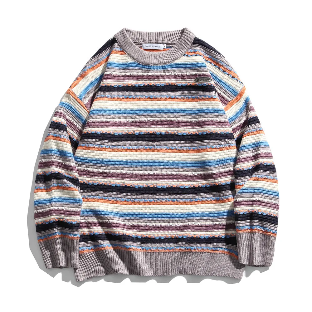 

Striped round neck knit men's streetwear loose pullover sweater