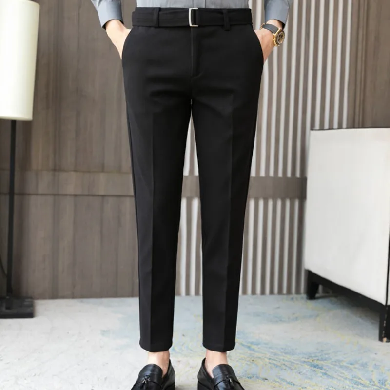 

Mens Office Work Slim Fit Suit Cargo Pants Long Trousers New Business Casual Belted Pencil Pants Pantalones Hombre Plus Size 36