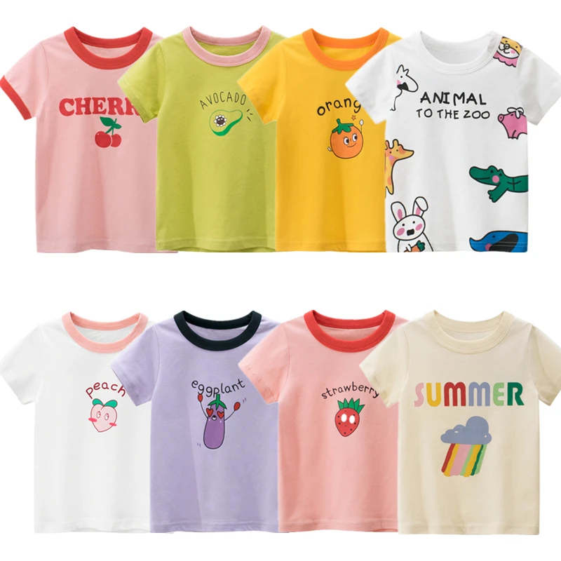 

2021 Girls T-shirts Summer Kids Tops Boys Solid Cotton Cartoon T-shirt Baby Girl Print Fruit Top Tee 2-8 Year Children Clothing