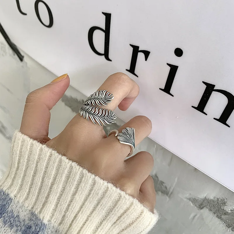 

Silver 925 Jewelry Goth Woman Ring Exaggerated Feather Opening Female Accessories Trend Vintage Simplicity Punk Women's Rings