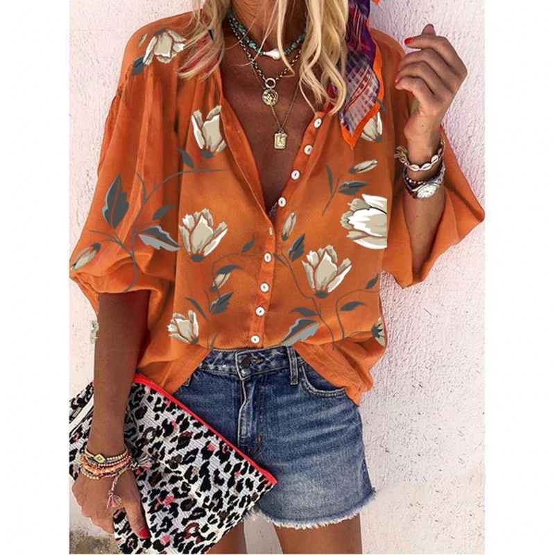 

Office Ladies Loose Plus Size Women Floral Print Blouse Shirt Spring Autumn Casual Long Sleeve Button Up Blouses Tops
