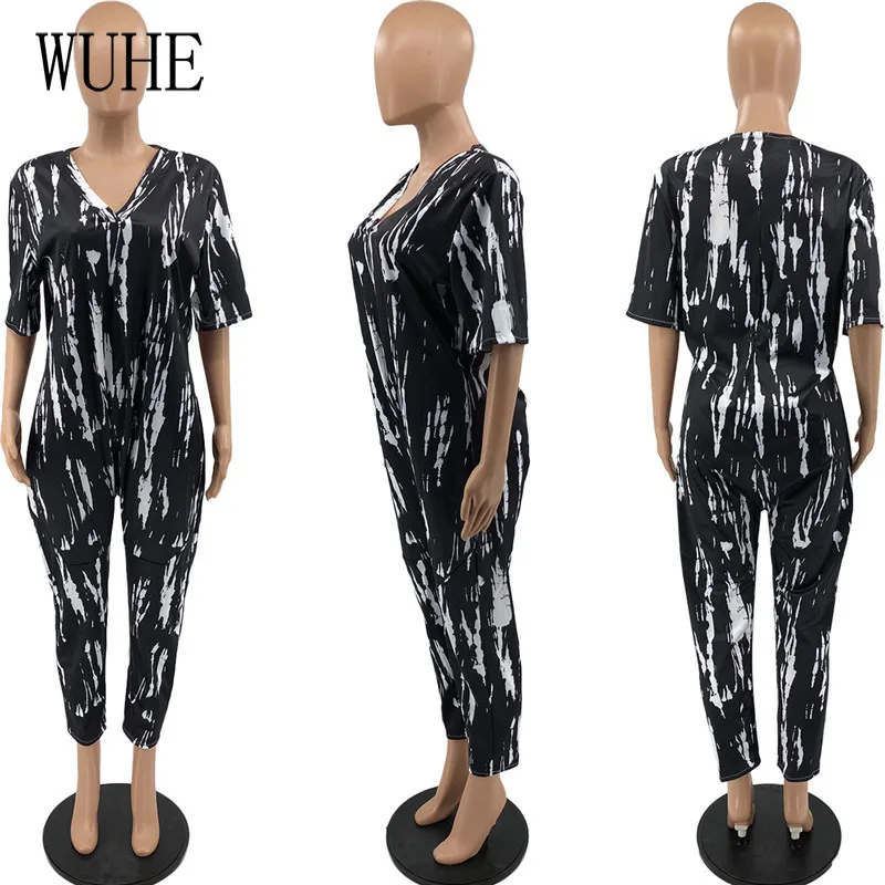 

WUHE Streetwear Casual Jumpsuit Print Tie Dye Sexy V Neck Short Sleeve Pockets Sports Fitness Nightclub Party Summer Overalls