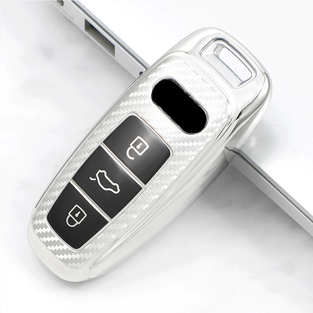 

For Audi A6 A6L A7 A8 Q8 E-tron C8 D5 2019 - 2021 TPU Carbon Fiber Car Key Case Cover Holder Bag Keychain Protector Accessories