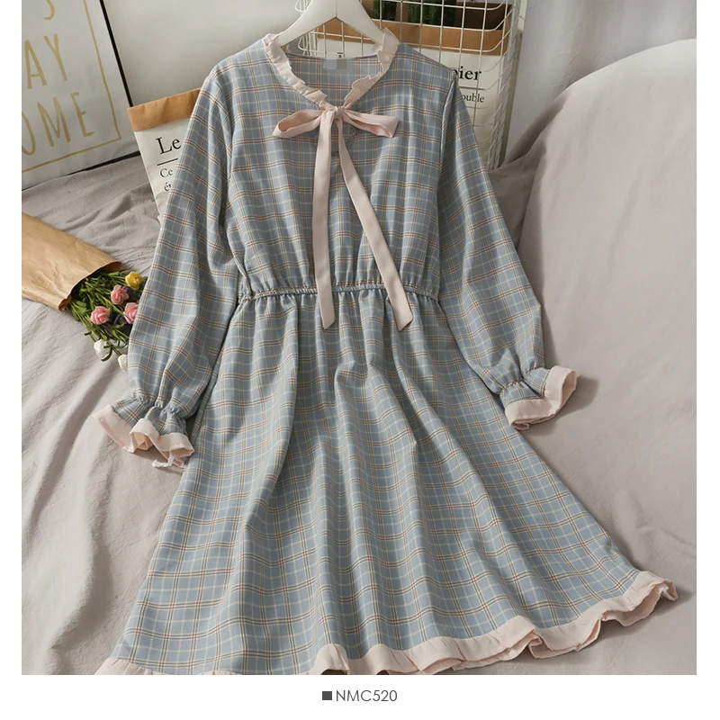 

Vintage Lattice Ruffle Dresses Korean Fashion Spring Autumn Long Sleeve Dress Japanese kawaii College Midi Dress Vestidos Mujer