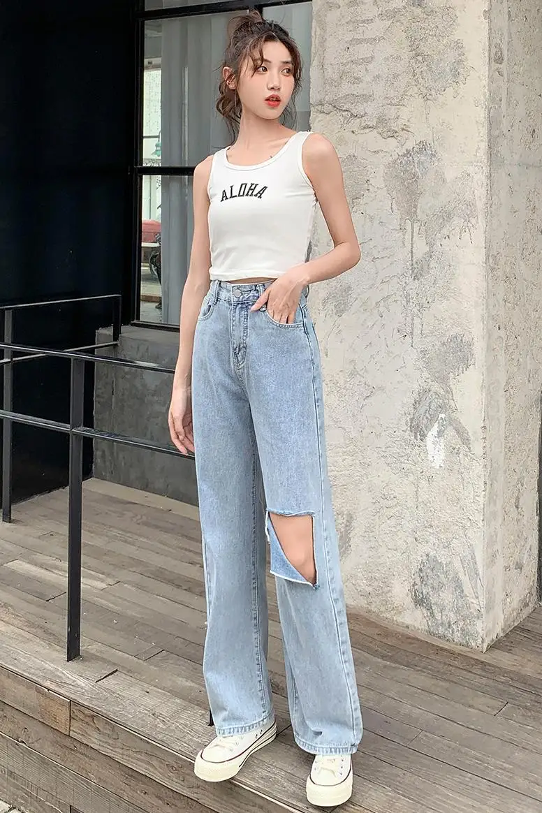 

High-waist Jeans Fashion 2021 Summer Mopping Pants Joker Loose Straight Wide-leg Jeans Pants Women with Holes