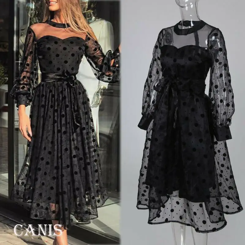 Goocheer New Arrival Plus Size Women Ladies Lace Mesh Sheer Long Sleeve Polks Dot Dresses Evening Party Gown Vestidos | Женская одежда