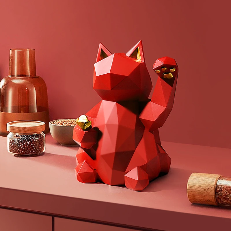 

Simple Geometric Lucky Cat Resin Crafts Ornaments Modern Living Room Study Bedroom Decoration Matte Resin Sculpture Model Decor