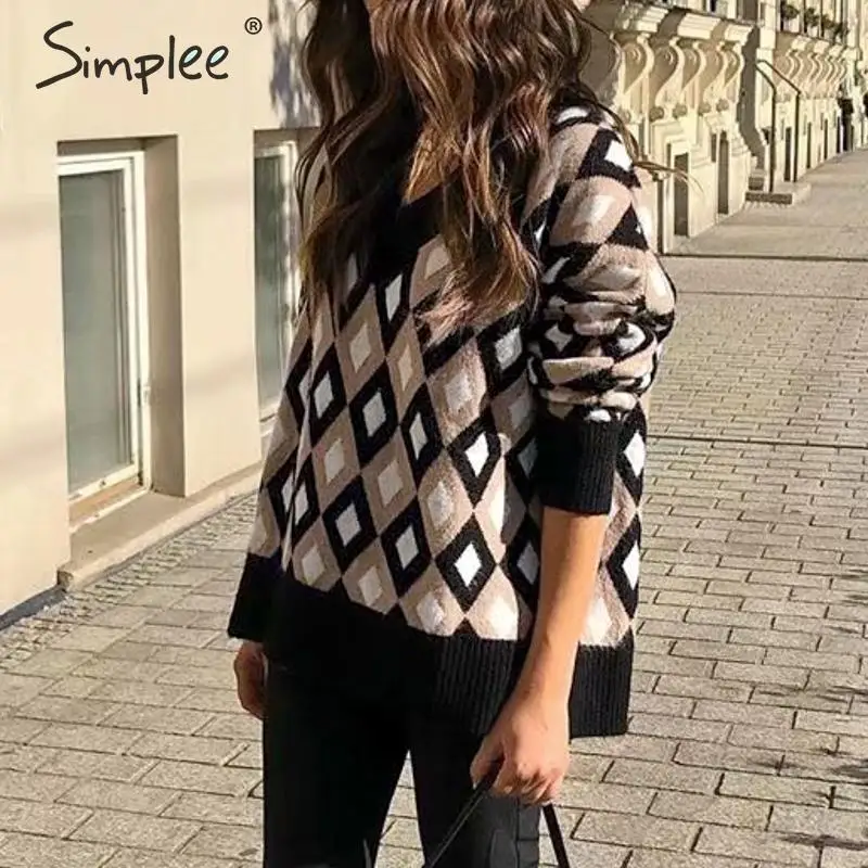 Simplee клетчатый женский свитер с v-образным вырезом пуловер на осень и зиму вязаный