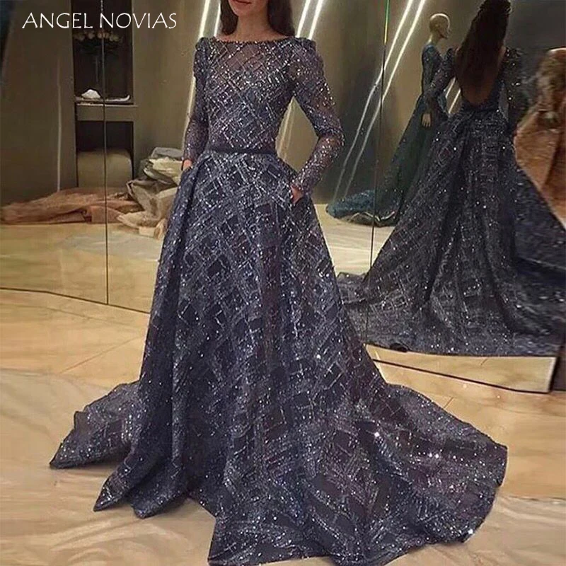 Женское блестящее вечернее платье ANGEL NOVIAS синее с длинным рукавом и открытой