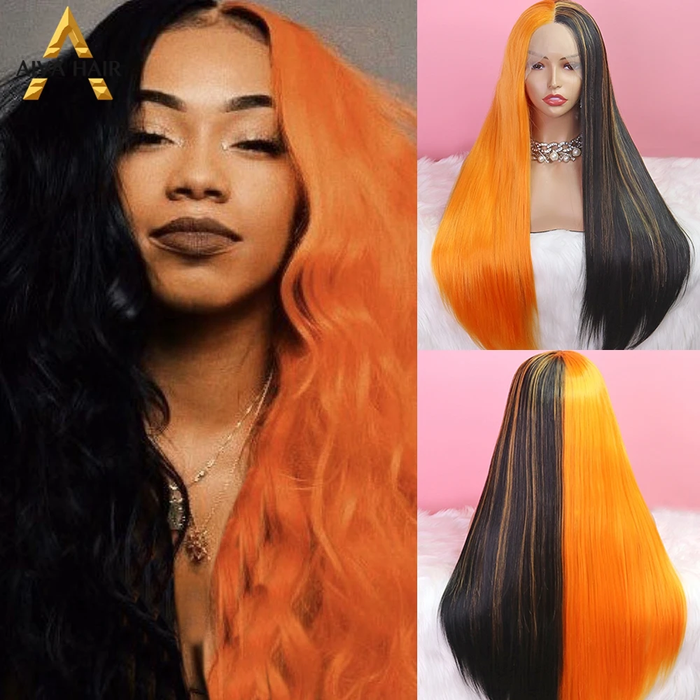 

Aiva Heat Resistant Synthetic Wig Long Half Black Orange Synthetic Lace Front Wig Glueless Cosplay Ombre Blonde Wigs For Women