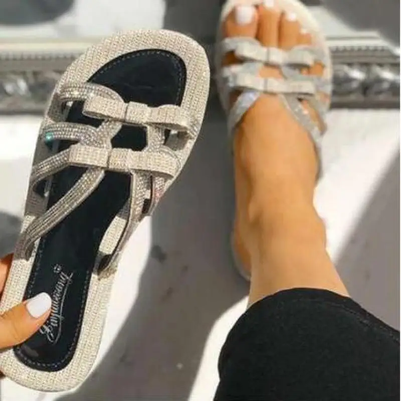 Women's Girl Sandals Crystal 2021 New Open Toe Beach Shoes Lady Rhinestone Bow Shiny Casual Comfort Slippers