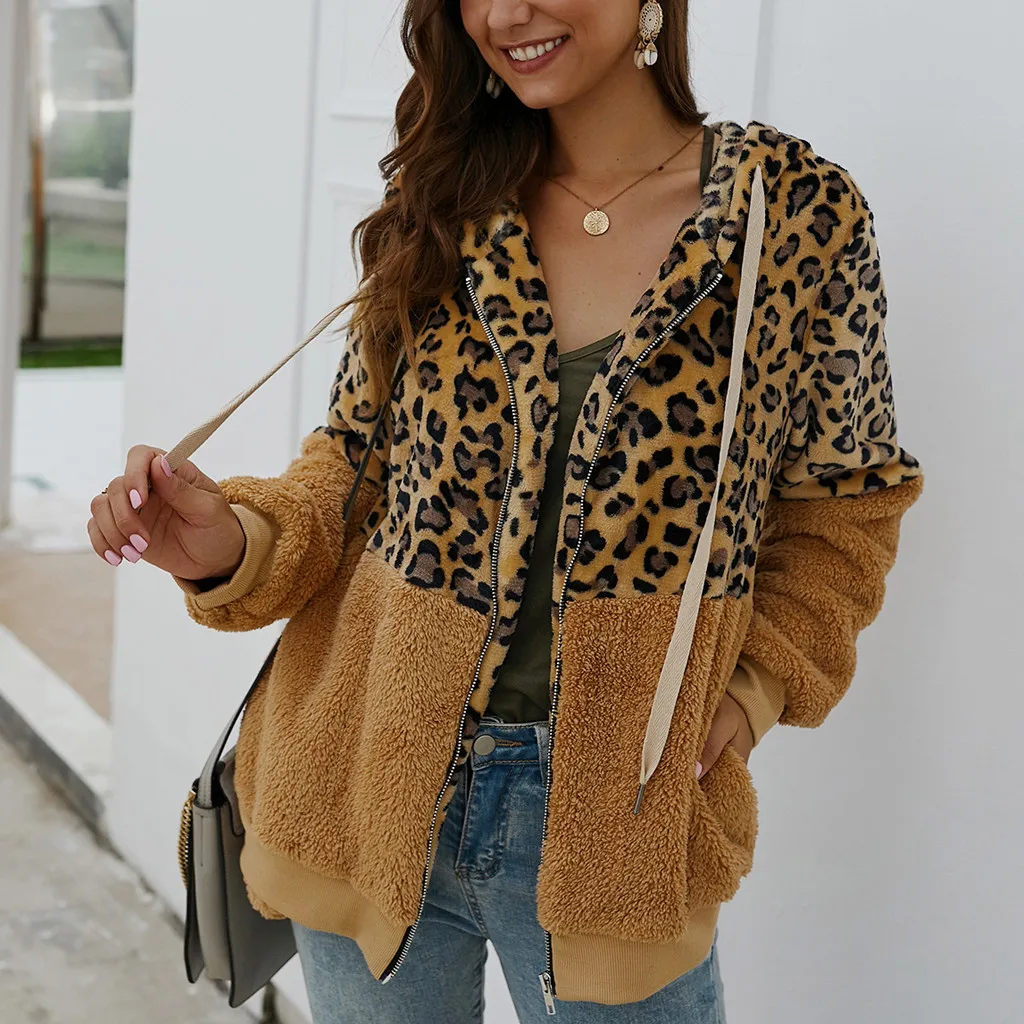 JAYCOSIN Autumn Jackets Women Leopard Print Patchwork Faux Fur Fleece Long Sleeves Cardigan Zipper Keep Warm Coat dropshipping | Женская
