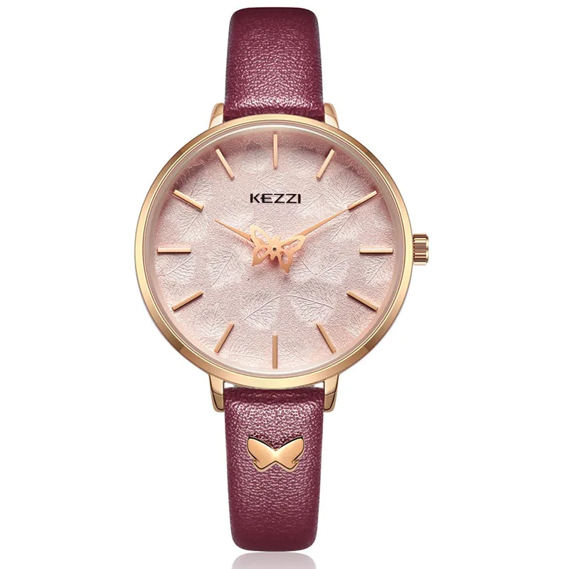 Wine red watch KEZZI женские кварцевые часы модные повседневные Водонепроницаемые кожаные Наручные часы Простой Большой циферблат принт бабочка часы - Цвет: Wine red watch