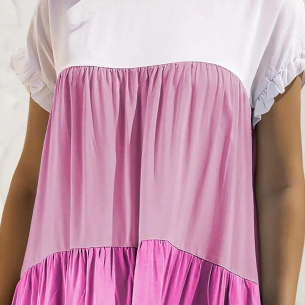 

Women Dress Short Sleeve Ruffle Color Block Large Hem Cotton Blend A-line Dress for Spring/Summer Street Wear 2021