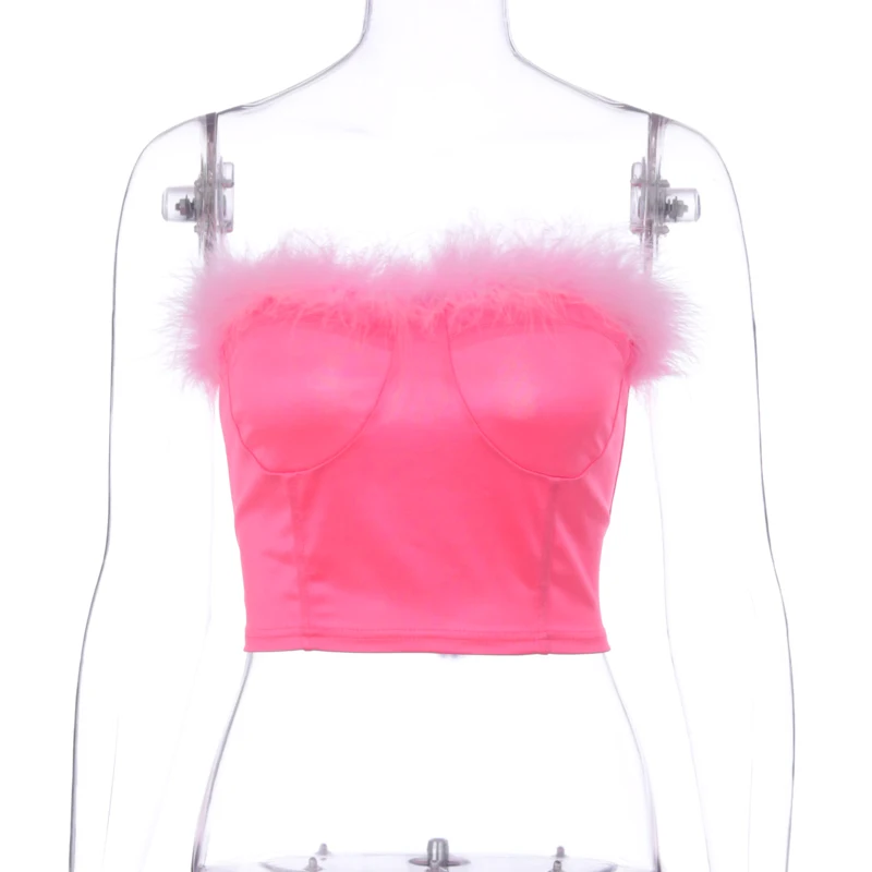 

Y2k Aesthetic Women's Sexy Camis Corset Feather Bandeau Crop Top Sleeveless Slim Strapless Tube Pink Color Tanks 2021 Clubwear