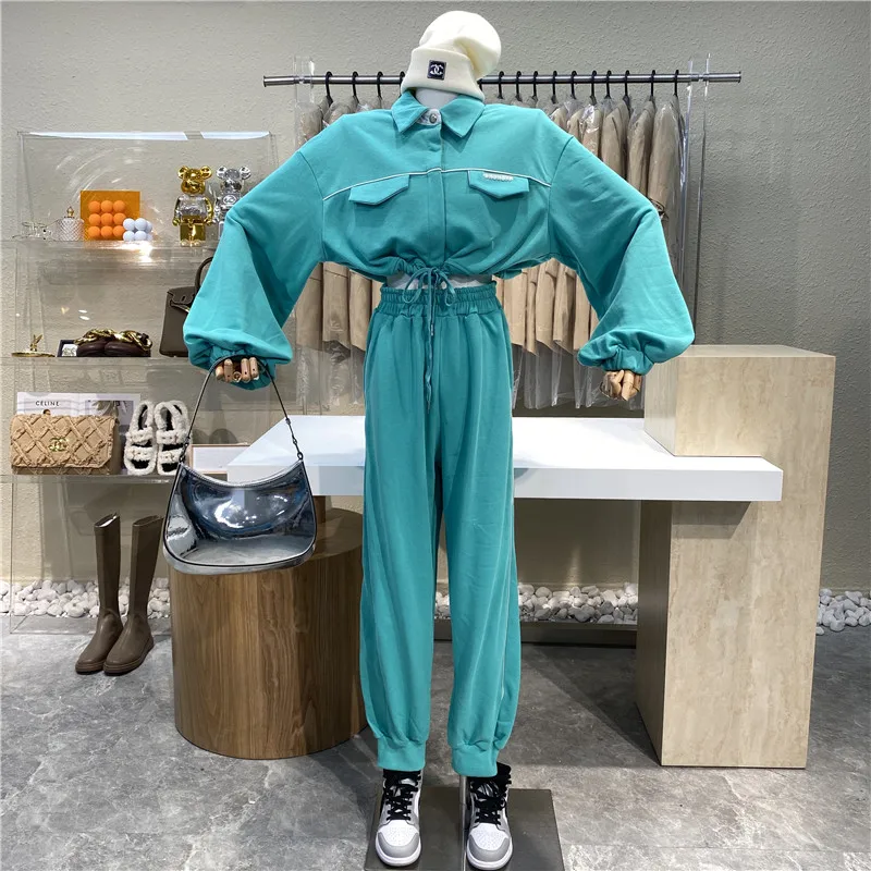 

Brand Original Design 2021 New Sports-style lapel long sleeves drawstring waist coat + white stretch waist casual trousers suit
